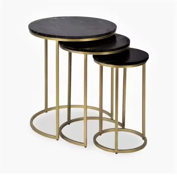 Table basse triple noir en verre noir, Table basse en métal pour salon