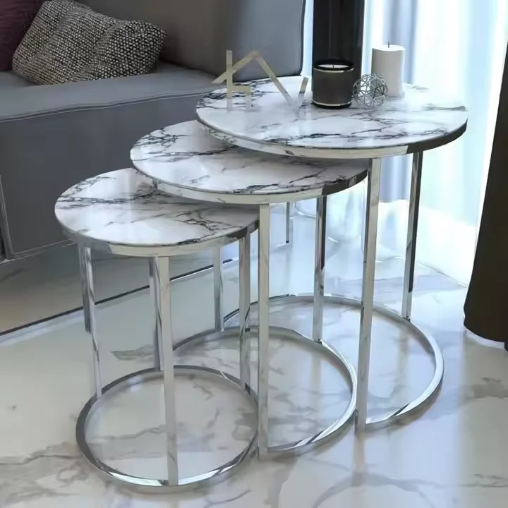 Table basse triple en métal nickel marbre blanc