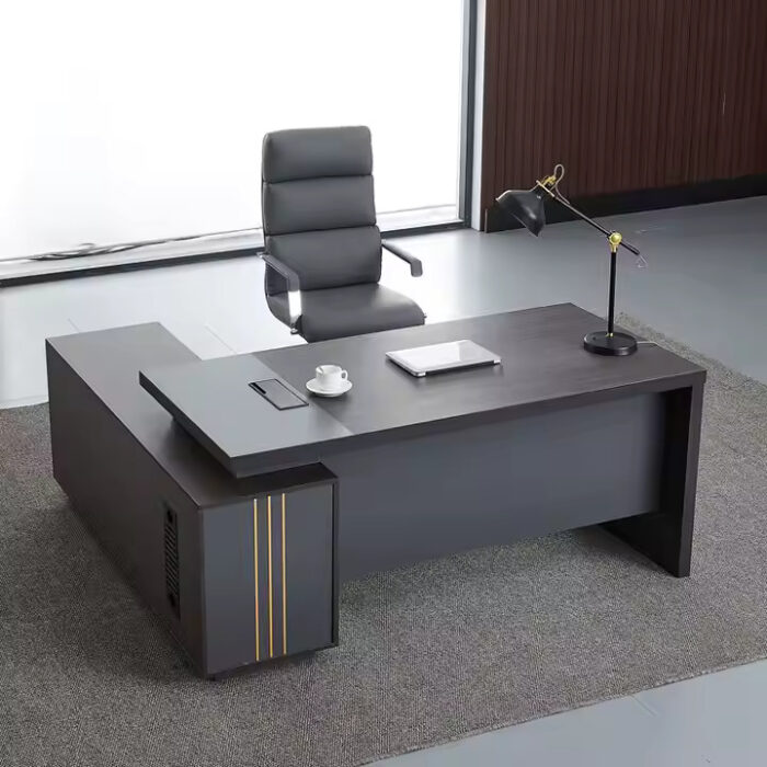 Bureau PDG de Luxe au Design Moderne Bureau Exécutif Noir en Forme de L Office de Table – Image 2
