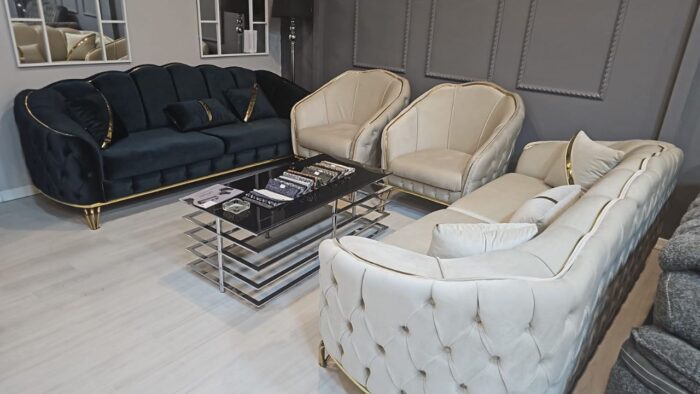 canapes beige de luxe Meubles en velours 1 2 3 places en acier inoxydable doré Canapés de salon pour la maison et l'hôtel – Image 2