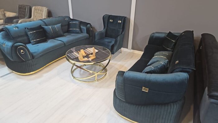 Canape de luxe 2-3 places rembourrage en velours en acier inoxydable doré ensemble de lit élégant – Image 2